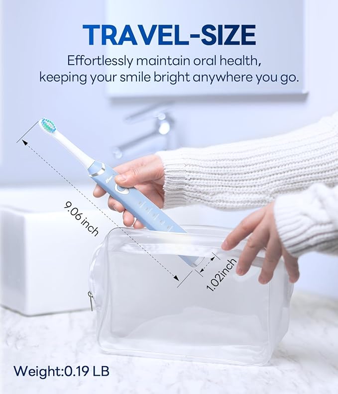 Bymore 8 Replacement Heads Electric Toothbrush for Adults, Ultra Clean Rechargeable Sonic Toothbrush Portable - Sky Blue