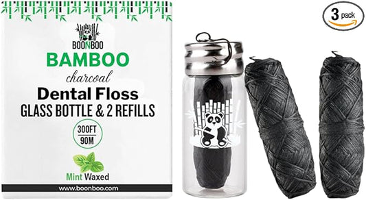 BOONBOO Dental Floss, Bamboo Charcoal Woven Threads, Refillable Glass Bottle, 3 Pieces, Mint