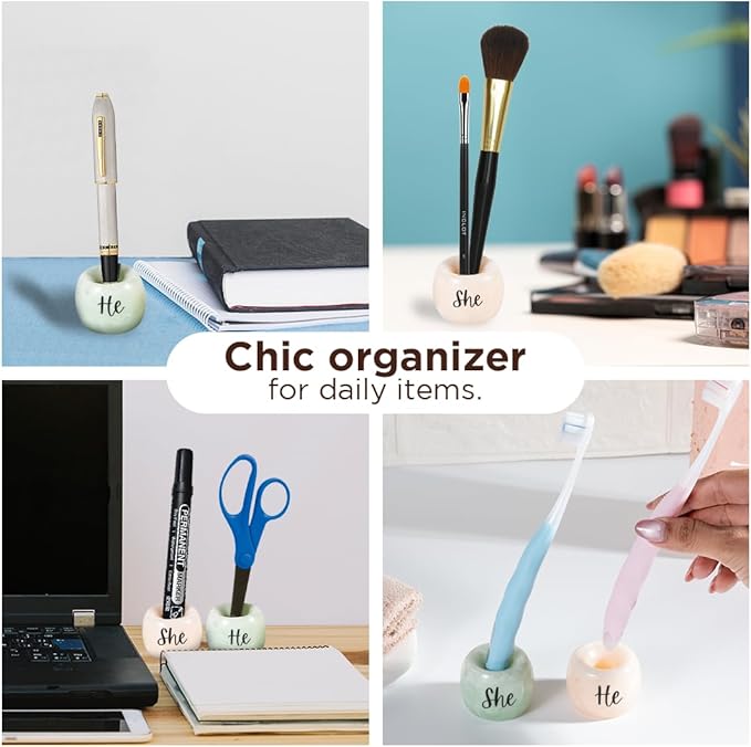 Folkulture Resin Toothbrush Holders | Set of 2 (2") Tooth Brush Holder for Bathrooms | Countertop Toothbrush Holders for Couples | Sage and Brown Brush Holder for Vanity