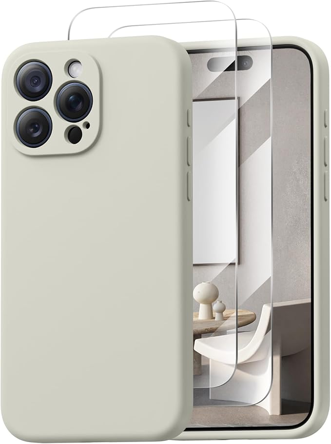 Magnetic for iPhone 15 Pro Case, Compatible with MagSafe, with 9H Nano Screen Protectors, Full Camera Protection, Silicone Shockproof Microfiber Lining Phone Case 6.1", Stone