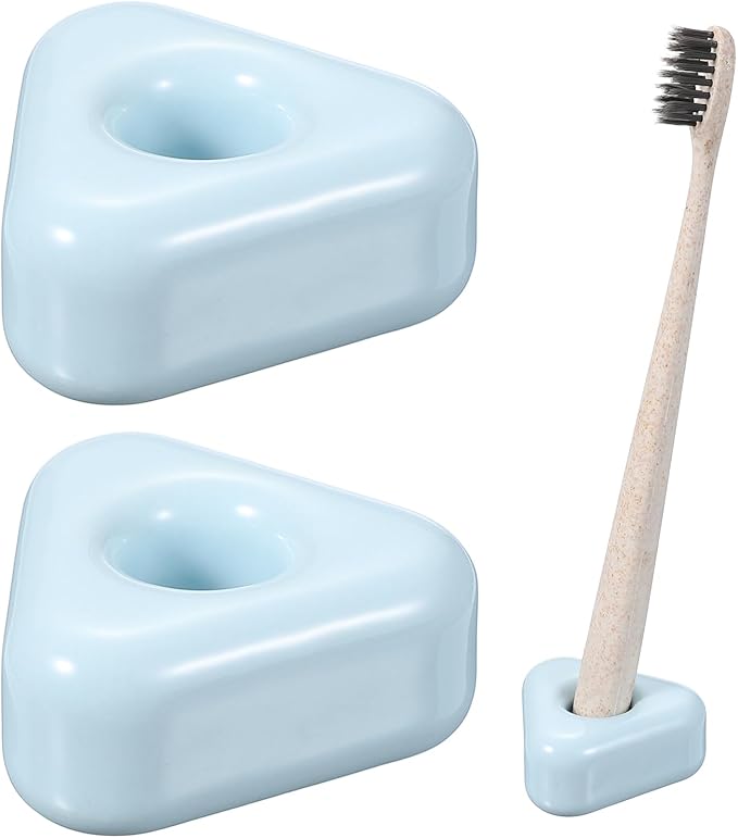 uxcell 2 Pcs Mini Ceramics Toothbrush Holder Stands, Sleek Mini Countertop Toothbrush Triangle Shape Ceramic Holder Stand for Bathroom Vanity Countertops, Blue