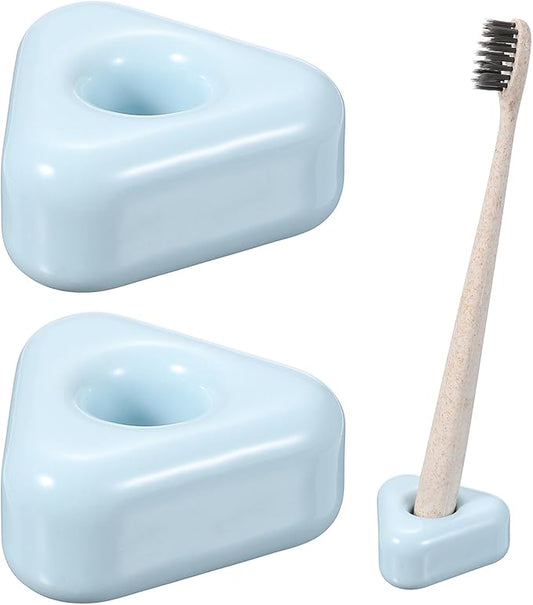 uxcell 2 Pcs Mini Ceramics Toothbrush Holder Stands, Sleek Mini Countertop Toothbrush Triangle Shape Ceramic Holder Stand for Bathroom Vanity Countertops, Blue