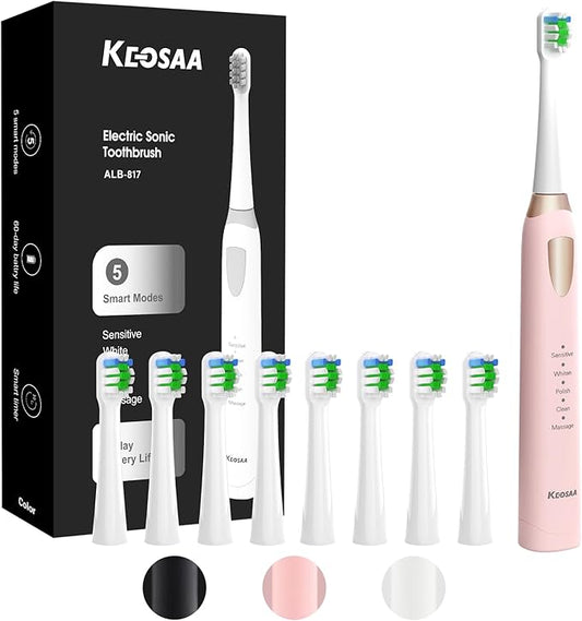 Sonic Toothbrush with 8 Brush Heads, Pink Electric Toothbrush for Women and Girls with Fast Charge 4 Hours Last 60 Days, 2-Min & 30s Smart Timer, IPX7 Waterproof, Type-C Charging