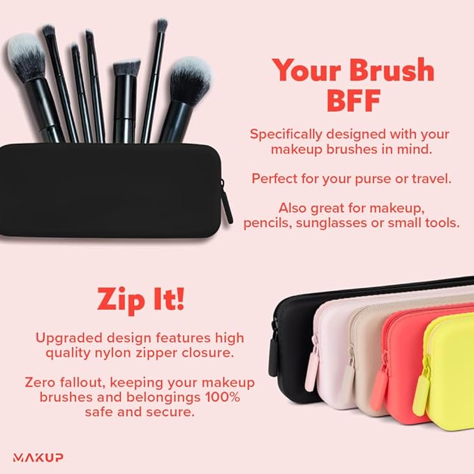 MAKUP Silicone Makeup Bag, Makeup Brush Holder with Zipper for Organizing Cosmetics, Makeup Brushes, Tools and Pencils, Washable Makeup Brush Holder Pouch for Travel (Black Out)
