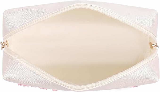 Cute Chenille Letter Patch Medicine Makeup Bag, PU Leather Waterproof MEDS Cosmetic Bag with Zipper, Travel Toiletry MEDS Pouch, Daily Use Portable Organizer Makeup Bag (01Beige Bag)