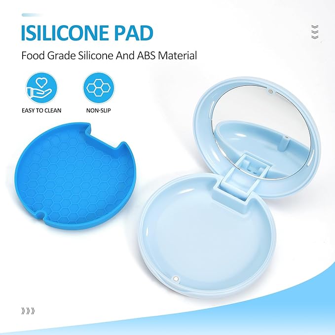 Retainer Case with Mirror,Slim Aligner Case with Vent Holes,Cute Dental Brace Box with Retainer Removal Tool and Brush (Blue Blue)