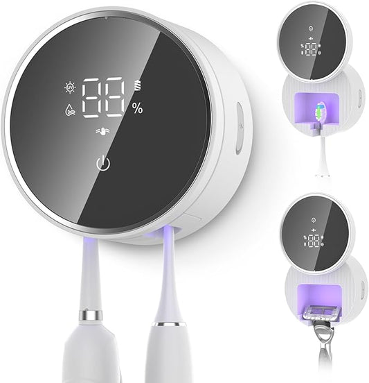 Toothbrush Holder and Cleaner Razor Holder and Dryer Auto Open/Close Cover Rechargeable Wall-Mounted Suitable for Most Toothbrushs(Off White)