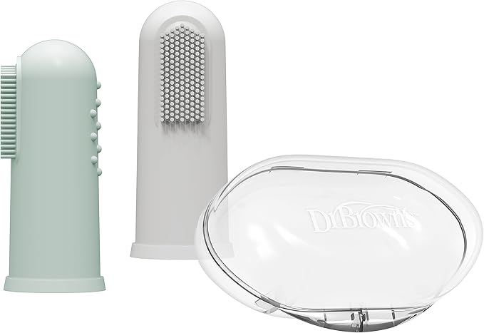 Dr. Brown's Silicone Finger Toothbrush for Baby with Travel-Storage Case, 3m+, Gray and Light Green, 2 Count, (Pack of 1)