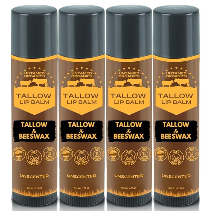 Pure Tallow Lip Balm | 100% Grass-Fed Beef Tallow and Organic Beeswax | Moisturizing Lip Care for Dry, Chapped Lips | Hypoallergenic, Fragrance-Free | Handcrafted in USA | 4-Pack