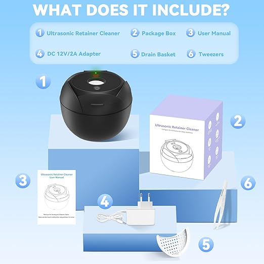 Ultrasonic Retainer Cleaner Machine 45khz Cleaning Pod for Denture Cleaner 200ml Mouth Guard, Aligner, Night Guard, Toothbrush, Jewelry, 4 Cleaning Modes Digital Timer, Gifts for Women, Black
