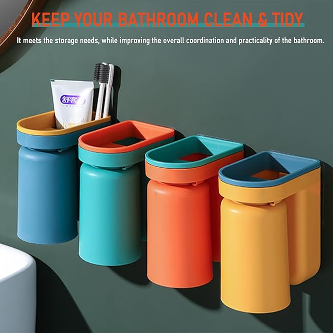 Toothbrush Holder Wall Mounted with Cup,2-in-1 Toothbrush Holders & Cups Set,Inverted Design for Easy Cleaning and draining,Stick-on Toothbrush Holder for Bathroom (Blue+Orange)