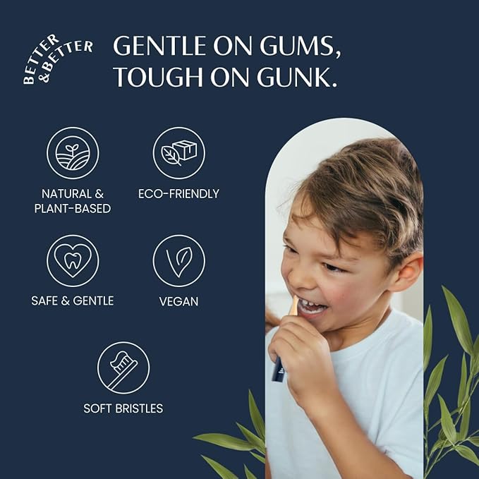 Better & Better Natural Bamboo Toothbrush for Kids | Extra Soft Bristle Toothbrush | 100% Plant-Based | Reusable Handle, Replaceable Brush Head | Eco-Friendly, Zero Plastic (Dark Blue)
