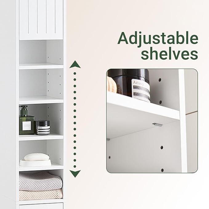SoBuy Tall Narrow Storage Cabinet, Skinny Bathroom Cabinet with Adjustable Shelves Slender, Anti-Tipping Floor Standing Cupboard, Pinstripe White BZR160-W
