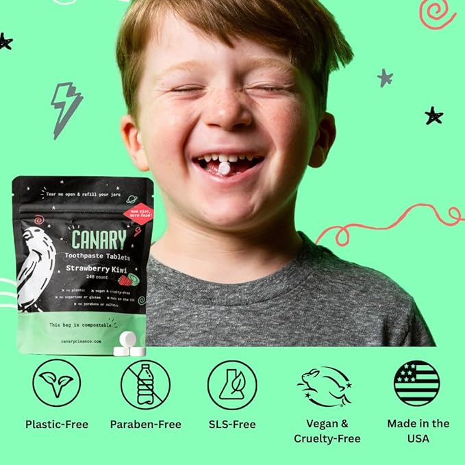 Canary Nano Hydroxyapatite Toothpaste Tablets Strawberry Kiwi - Remineralizing, Fluoride Free, All Natural Tabs with Xylitol - Great for Kids, Plastic Free - 240 Count