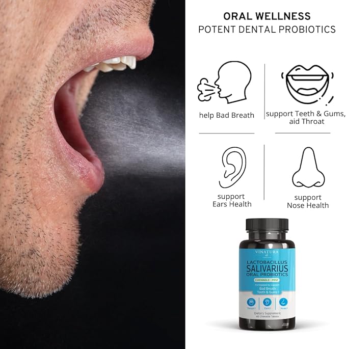 VINATURA Lactobacillus Salivarius Oral Probiotics - Mouth Bad Breath Treatment for Adults, Dental probiotics for Teeth and Gums, Throat, Ear, Nose - 45 Chewable Mint Tablets