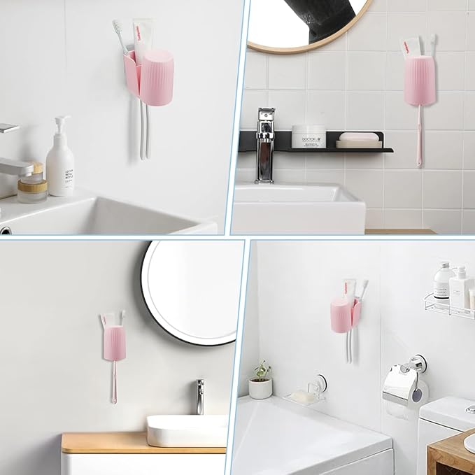 Toothbrush Holders for Bathrooms Toothbrush Holders Wall Mounted BPA-Free Tooth Brush Holder with Toothbrush Cup Drilling-Free (Pink)
