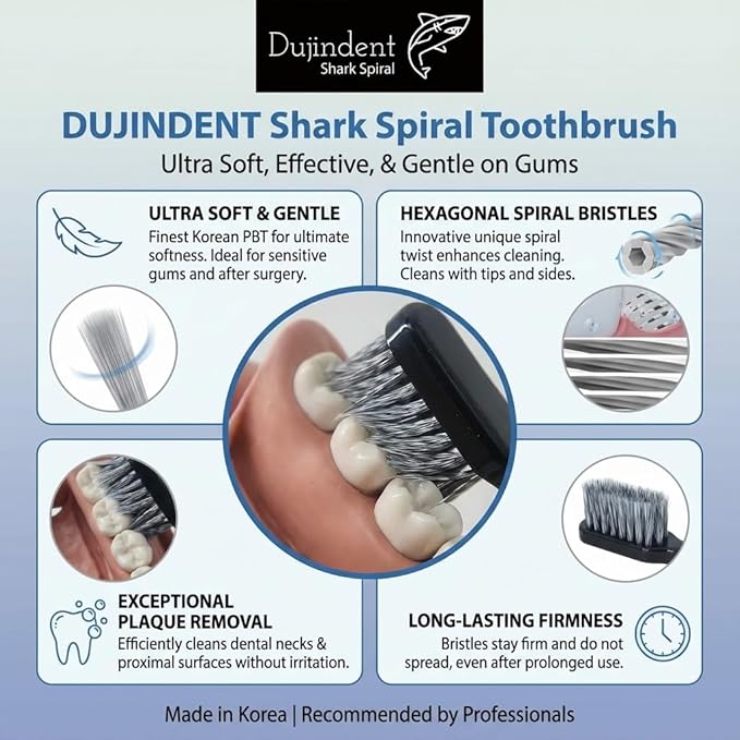 Toothbrush [Made in Korea] Shark Spiral Extra Soft Toothbrush for Plaque Removal, Gentle on Gums (1 Pack)