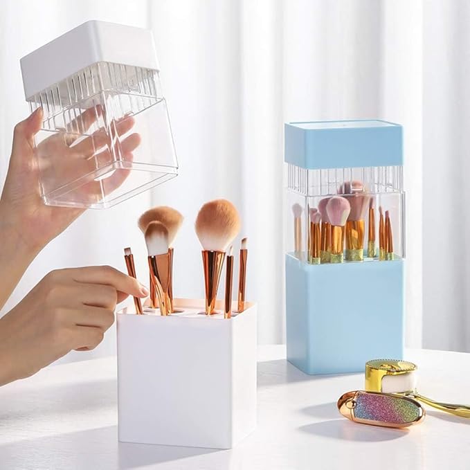 Make-Up Brush Holder,Brush Drying and Storage Box with Lid, Acrylic Makeup Brush Air Drying Rack Holder Cosmetic Brush Organizer, Waterproof Dustproof Container 12 Holes for Different Brush