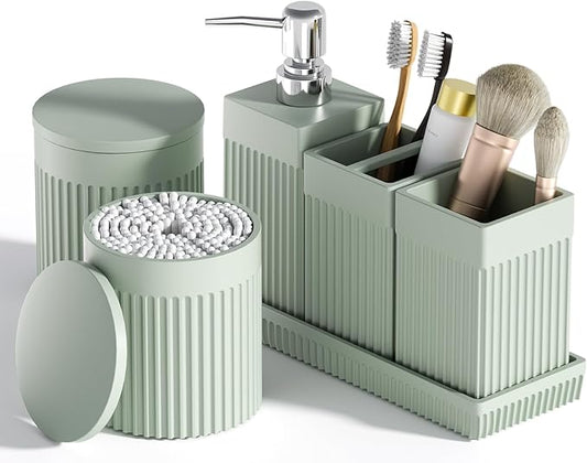 Bathroom Accessories Set, 6-Piece Resin Green Bathroom Set with Toothbrush Holders, Soap Dispenser, Vanity Tray, Tumbler, Cotton Swab Jars, Modern Bathroom Organizer for Small Spaces