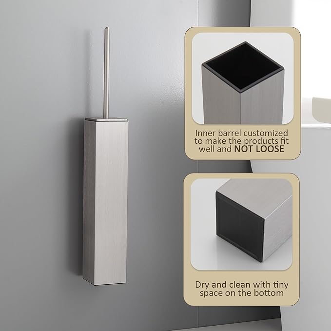 Toilet Brush and Holder Wall Mounted, Brushed Nickel Aluminum with 2 Replaceable Heads, Bathroom Toilet Brush, Drill or 3M Adhesive Mount for Bathroom