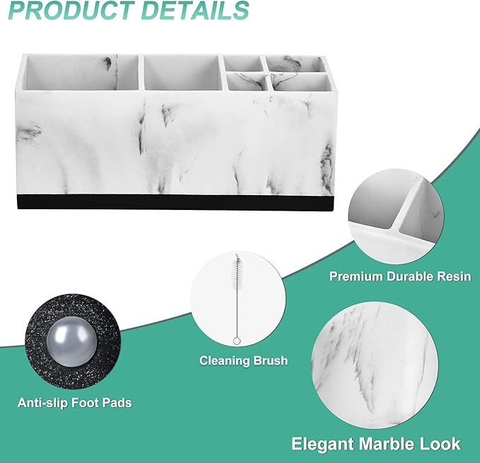 VITVITI Toothbrush Holder for Bathroom, Bathroom Organizer Countertop, Rectangle 6 Compartment Bathroom Accessories Storage for Toothpaste/Vanity Counter/Sink, White Resin of Marble Color