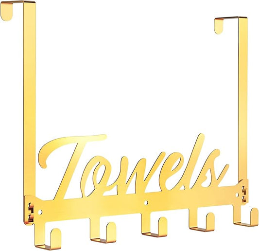 Over The Door Hooks, Towel Rack Towel Hooks for Bathroom, Towel Holder for Hanging Heavy Duty, Door Rack Over Door Hanger with 5 Coat Hooks for Bedroom Bathroom Kitchen（Light Gold）