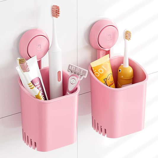 TAILI Suction Toothbrush Holder, Shower Toothbrush Holder for Wall, Powerful Toothpaste Toothbrush Suction Cup, Self-draining Shower Razor Holder, Kitchen Tableware Holder, 2 Pack, Pink