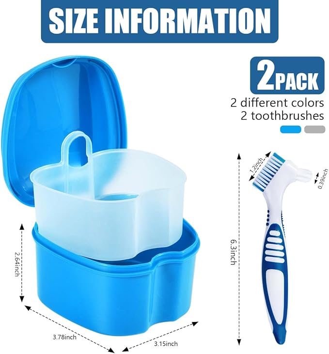 2 Pack Denture Bath Case Cup Box Holder Storage Container with Denture Cleaner Brush Strainer Basket for Travel Cleaning (White and Light Blue)