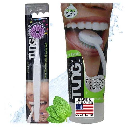 Tung Tongue Cleaning Kit, Tung Brush and Gel, Bad Breath Odor Eliminator, Halitosis Defense, USA Made (Set of 1)
