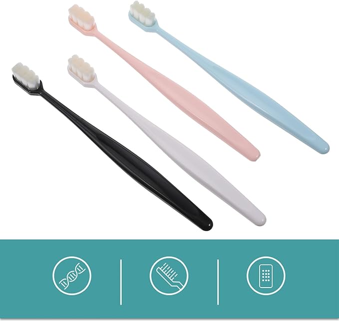 Soft Bristle Manual Toothbrush 4pcs for Adults, Extra Fine Filaments, Multi-Color Pack (White, Black, Pink, Blue) Oral Care Tool for Sensitive Gums and Daily Use