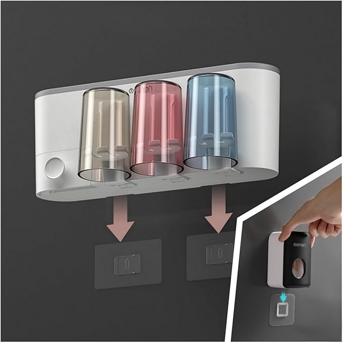 No-Drill Wall Mounted Toothbrush Holder, Bathroom Shelf, with 1 Automatic Toothpaste Dispenser 6 Brush Hooks Cups 1 Cosmetic Drawer Organizer and Large Storage (1 Dispenser + 3 Cups)