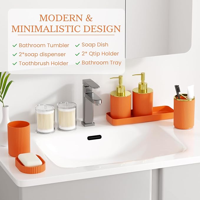 Orange Bathroom Accessories Set, 10PC Bathroom Set, Bath Accessory with Pop Up Trash Can, Soap Dispenser, Toilet Brush, Toothbrush Set Qtip Holders & Tray