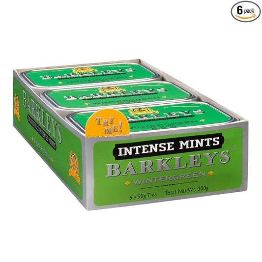 Barkleys Wintergreen Breath Mints - Strong Wintergreen Flavor - For Party, After Dinner, Wedding, Every Day Use - Vegan Breath Mints In Reusable Classic Travel Tins, 6 Pack - 50 Count Each