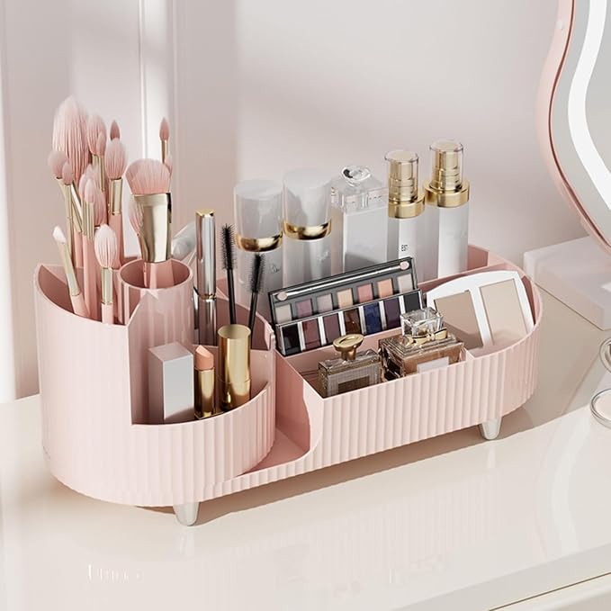 Makeup Organizer Countertop Rotating Makeup Organizer for Vanity Large Capacity Cosmetic Display Case with Makeup Brush Holder Cosmetic Organizer Countertop（Pink）