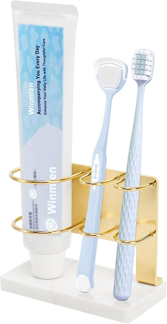 Toothbrush Holder for Bathroom Counter, Metal Toothbrush and Toothpaste Holder Stand with Marble Base for Bath Organizer Countertop, 3 Slots (Gold)