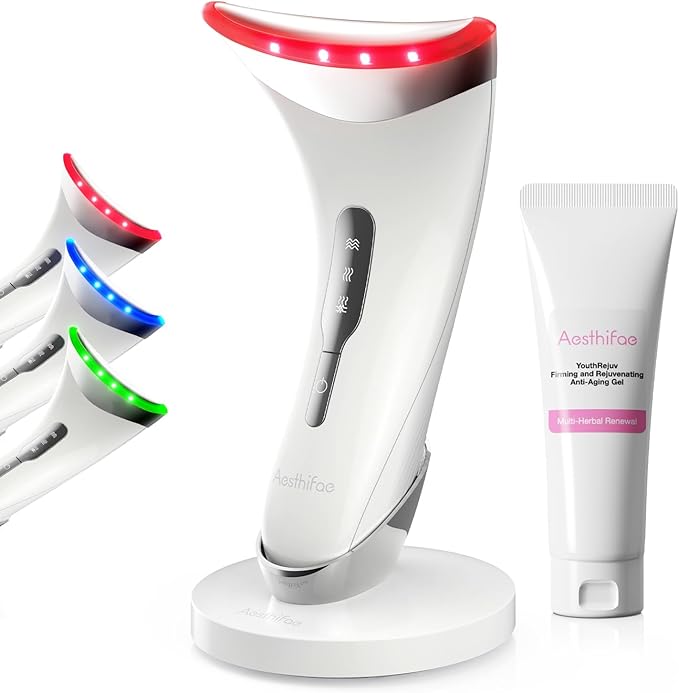 Red Light Therapy for Face and Neck, Renewal Face Lift Device with Vibration Tech, 3 in 1 Face Massager Tool with Thermals, True Beauty Glow Facial Sculptor for Wrinkles, Double Chin (White)