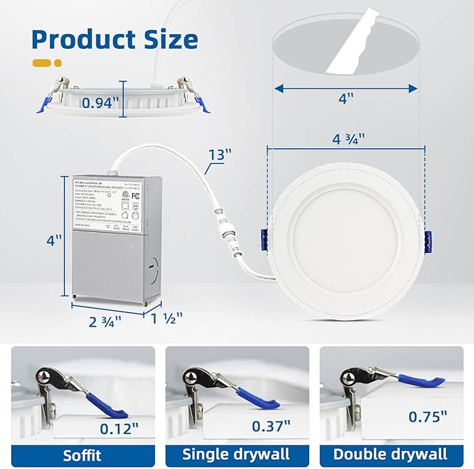 4 Pack Recessed Lighting 4 inch, 5000K Ultra-Thin LED Canless Recessed Lighting, Retrofit Dimmable Recessed Lights, 1200LM 12W=150W Wafer Lights - ETL & Energy Star Certified