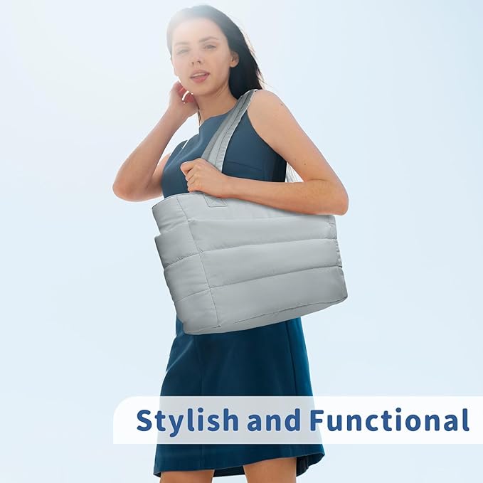 TOPDesign Puffer Tote Bag for Women, Lightweight Puffy Handbag with Compartments, Quilted Shoulder Bag for Work, Travel, Gym