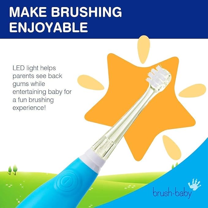 brush-baby - BabySonic Blue Electric Toothbrush, 0-36 Months - Soft, Gentle Vibrating Toothbrush for Sensitive Gums & New Teeth - with LED Light & Suction Base - Baby & Toddler Brush Heads