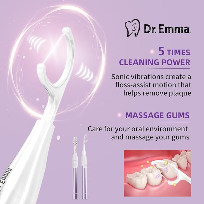 Dr. Emma Electric Vibration Flosser with Replaceable Floss Picks and Toothbrush, Power Flosser for Adults, Dental Flosser Kit for Teeth Cleaning, Water Flosser Alternative, Purple