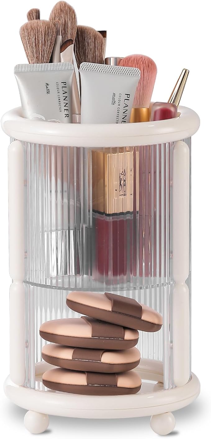 Makeup Brush Holder, 2 Tier Clear Cosmetic Tools Organizer, Round Makeup Organizer for Vanity Countertop (Milky White)