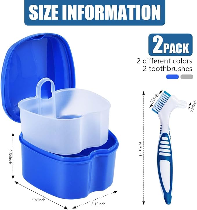 2 Pack Denture Bath Case Cup Box Holder Storage Container with Denture Cleaner Brush Strainer Basket for Travel Cleaning (White and Blue)