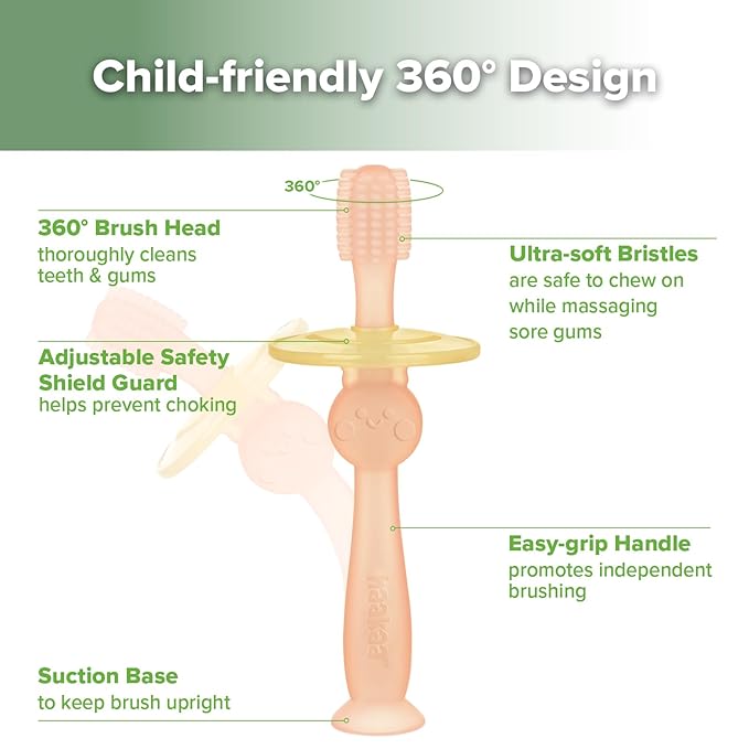 haakaa 360° Baby Toothbrush with Suction Base - Gentle Cleaning for Toddler's Self-Brushing Training, Food-Grade Silicone, Adjustable Safety Shield - Pink (1 Piece)
