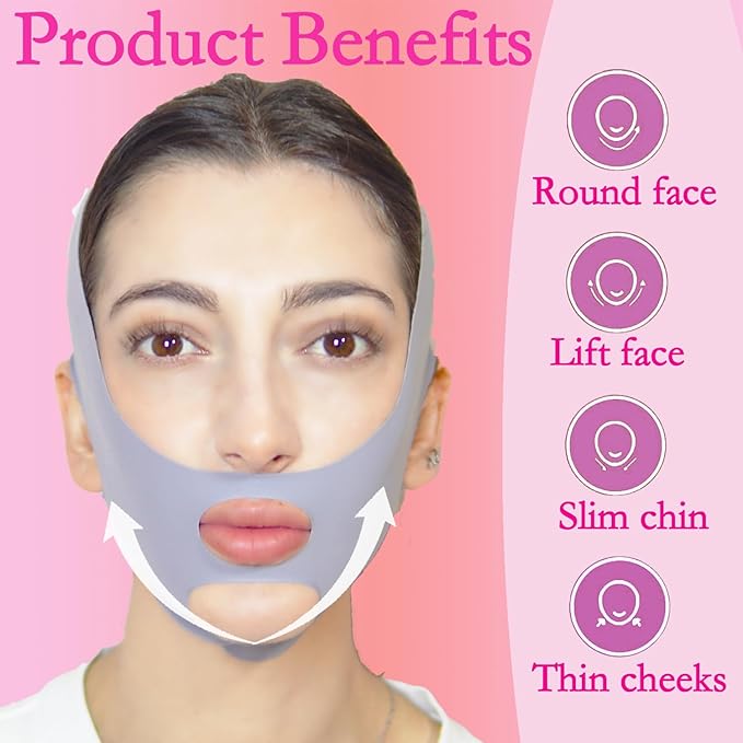 V Line Lifting Mask Chin Strap for Sleeping, Face Lifting Strap, Chin Strap, V Line Mask, Jawline Shaper, Jaw Strap, Double Chin Reducer, Face Lift Tape & Snoring Solution (Grey&Pink)