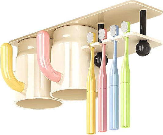 Inverted Magnetic Toothbrush Holder for Bathroom, Upside Down Toothbrush Cup Holder, with 2/3 Toothbrush Cups, No-Drill, Under-Cabinet Space-Saving, not Include Toothbrush (Two Cup)