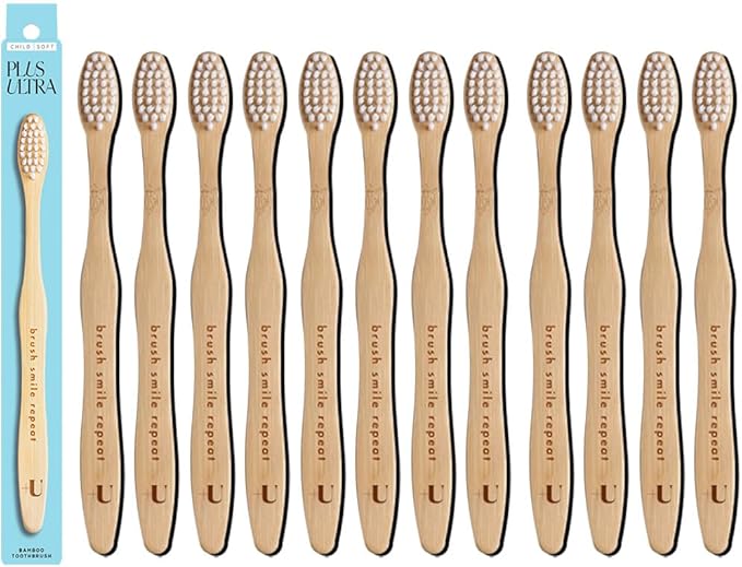 Kids Biodegradable and Eco-Friendly Bamboo Toothbrush 12-Pack - BPA Free Soft Bristle - Dentist-Approved and All-Natural with "Brush Smile Repeat" Etched on Handles by Plus Ultra