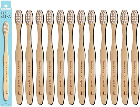Kids Biodegradable and Eco-Friendly Bamboo Toothbrush 12-Pack - BPA Free Soft Bristle - Dentist-Approved and All-Natural with "Brush Smile Repeat" Etched on Handles by Plus Ultra