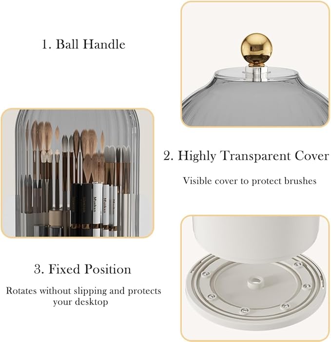 Makeup Brush Holder Organizer with Lid, 360° Rotating Clear Dustproof Cosmetics Storage, Makeup Brushes Cup Pen Holder for Vanity Desktop Bathroom Countertop (Clear Black Cap)