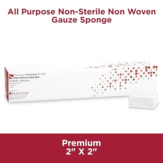 Practicon Premium 2X2 Non-Woven Gauze Sponges, Lint Free 4-Ply Gauze Pads, Non-Sterile, All Purpose for Dental, Medical, First Aid, Cleaning, Wound Care & Dressing, 1 Pack of 200 Sponges