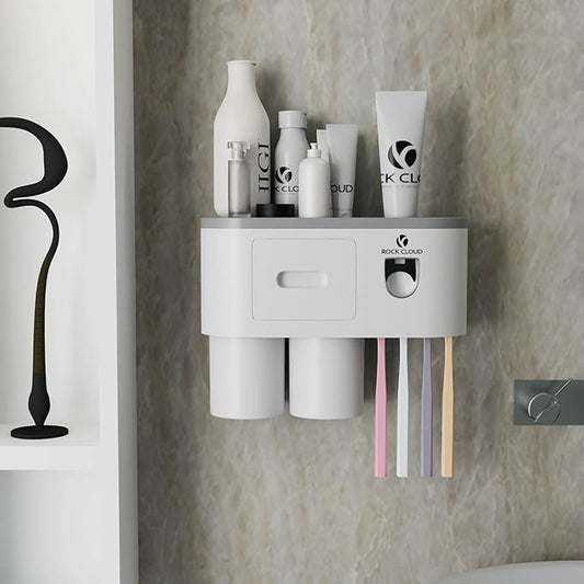 ROCK CLOUD Toothbrush Holder Wall Mounted Automatic Toothpaste Dispenser Squeezer Kit Saving Space, 4 Toothbrush Slots,2 Cups and Drawers for Bathroom